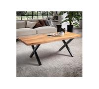 Table basse pieds croix 120x60x46 cm en acacia naturel et métal noir