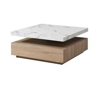 Vente-unique-Table Basse pivotante avec 1 tiroir en MDF - Effet marbre Blanc et Naturel - Kyria