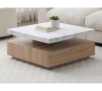 Table basse pivotante avec 1 tiroir en MDF - Effet marbre blanc et Naturel - KYRIA