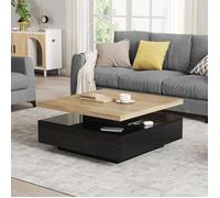 Table basse pivotante - Design pivotant à 360° - Couleur Noyer et Noir - Dimensions 70x70x36 cm - Panneau de particules