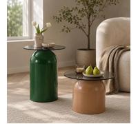 Table Basse plateau en verre trempé acier carbone laqué brillant tables empilables finition vert et beige forme en cloche
