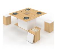 IDMarket Table basse relevable convertible EDEN 100 cm bois/blanc avec poufs