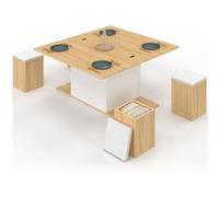 IDMarket - Table Basse Plateau relevable rectangulaire Convertible en Table à Manger Eden 100 cm Bois et Blanc avec poufs