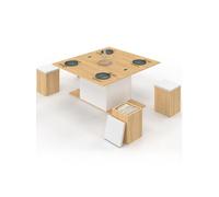 IDMARKET Table basse plateau relevable rectangulaire convertible en table à manger EDEN 100 cm bois et blanc avec poufs
