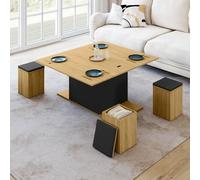 IDMarket – Table basse relevable Eden 100 cm convertible en table à manger bois et noir avec poufs