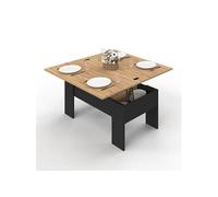 Table basse plateau relevable rectangulaire convertible en table à manger TARA 100 cm bois noir et imitation hêtre