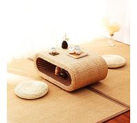 Table basse portable en rotin, table basse rectangulaire tatami en herbe de mer avec 2 tapis futon table de sol table à thé rustique table basse salon balcon 60 x 44 x 35 cm
