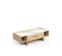 PEGANE Table Basse rectangulaire avec Rangement 1 tiroir Couleur chêne Clair/marbre - Largeur 105,3 x Profondeur 56,5 x Hauteur 39,7 cm