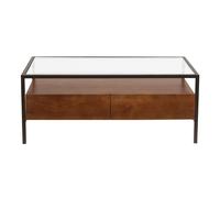 Table basse rectangulaire avec rangements en bois foncé manguier massif, verre et métal noir L100 cm SITA