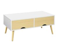 Table Basse Rectangulaire Design Scandinave 2 Tiroirs Coulissants Grande Niche Piètement Bois Pin Blanc Aspect Bois Clair Blanc