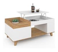 IDMarket – Table basse rectangulaire Lola – Plateau relevable, amovible avec coffre – Bois et blanc