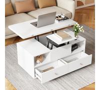 Table basse réglable en hauteur avec fonction pliante et 4 tiroirs - Une grande et une petite table élévatrice hydraulique - Table de salon mobile avec roulettes universelles - Table basse (blanc +