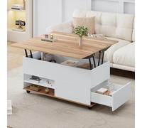 Table basse réglable en hauteur blanche aspect bois naturel avec roulettes et tiroirs, table de salon multifonctionnelle avec vérin hydraulique, table à manger pliable avec grand espace de rangement