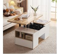 Table basse relevable 100x51 cm, double plateau modulable, 2 tiroirs, panneau de particules, blanc/bois naturel