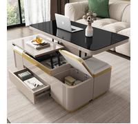 Table Basse Relevable 120cm avec 4 Tabourets Rangement, Plateau Noir Laqué Brillant, Meuble Gain de Place avec Tiroir et Roulettes