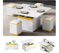 Table Basse Relevable - 2 Tiroirs et 4 Tabouret - Compartiments Cachés - 3 en 1 Table de Salon - Brillance Jaune/Blanc - 100x50x43cm