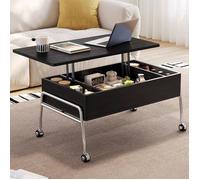 Table Basse Relevable 90cm avec 4 Roulettes Verrouillables, Plateau Élévable, Rangement Pratique, Design Moderne Noir