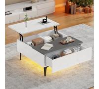 Table Basse relevable avec éclairage LED, Table de Salon avec Tiroir, étagère et Espace de Rangement Ouvert, 70x70x35cm, Tables Basse Extensible 3 en 1 avec Plateau élévateur et Rangement Caché
