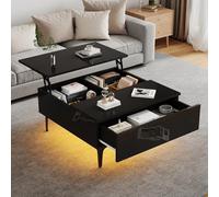 Table Basse relevable avec éclairage LED, Table de Salon avec Tiroir, étagère et Espace de Rangement Ouvert, 70x70x35cm, Tables Basse Extensible 3 en 1 avec Plateau élévateur et Rangement Caché