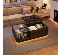 Table Basse relevable avec éclairage LED, Table de Salon avec Verre étagère et Espace de Rangement Ouvert, 100x50x33cm, Tables Basse Extensible 3 en 1 avec Plateau élévateur et Rangement Caché