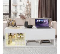 Table Basse Relevable Blanche, Rangement Caché + Tiroir, Éclairage LED RGB Télécommandé, Vitrine & Étagère Ouverte