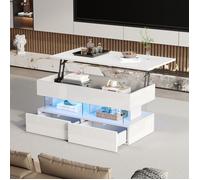 Table basse relevable canapé avec plateau réglable en hauteur et rangement caché - D'appoint haute brillance avec LED - blanc