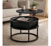 Home Collective Table Basse Relevable 60 cm - Table d’Appoint Ronde avec Rangement Intégré - Hauteur Réglable - Structure Métal Stable - Table de Salon Moderne Gain de Place - Noir