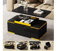 Table Basse Relevable Double Extensible avec Pouf Plateau Noir Laque Brillant Table Basse Salon Moderne avec Tiroir 100x50x43 cm