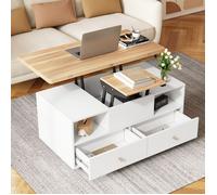 Table Basse Relevable et Extensible - 100x50cm - Rangement & Roulettes - Table 3-en-1 Blanche et Bois