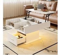 Table Basse Relevable et Extensible - Novélys - 78cm - avec LED & Rangement - Table de Salon Transformable -Blanc Brillant