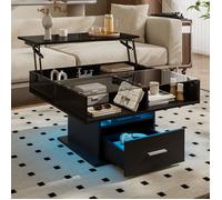 Table Basse Relevable et Extensible - Novélys - 78cm - avec LED & Rangement - Table de Salon Transformable - Noir Brillant
