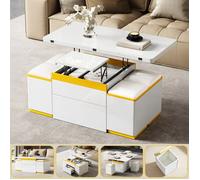 Table Basse Relevable Extensible avec 4 Pouf, Table Basse Blanc Laque Brillant Moderne Design avec Tiroir, Compartiment 100x50x43 cm