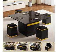 Table Basse Relevable Extensible avec Pouf Encastrable Table de Salon Noir Laque Brillant Moderne 4 en 1 avec Tiroir et Rangement