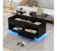 Table Basse Relevable - Levage Hydraulique - Éclairage LED - 1 Tiroir et 2 Casiers de Rangement - Surface Brillante Noire