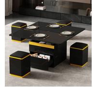 Table Basse Relevable Moderne Noire Brillante - Élégante Multifonctionnelle avec 4 Chaises Cachées Moelleuses noir TABLE BASSE