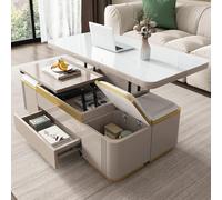 Table Basse Relevable Multifonction 120cm avec 4 Tabourets de Rangement, Plateau Blanc en Laque Brillante, Table Transformable Salon Moderne, Meuble Gain de Place avec Tiroir et Roulettes Pivotantes