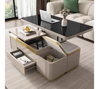 Table Basse Relevable Multifonction 120cm avec 4 Tabourets de Rangement, Plateau Noir en Laque Brillante, Table Transformable Salon Moderne, Meuble Gain de Place avec Tiroir et Roulettes Pivotantes