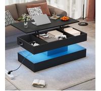 Table Basse Relevable Multifonctionnelle avec LED RVB Intelligente Prises EU et Rangement Caché - Design Moderne Noir 100x50x42cm