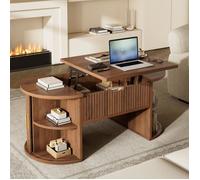 Table Basse Relevable Ovale 100cm Noyer Foncé - Table Salon Rétro avec Portes Tambour et Coffre de Rangement pour Petit Espace