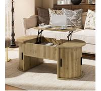 Table Basse Relevable Ovale avec Coffre Caché - 100x50x40,5 cm - Porte Coulissante à Lattes - Meuble de Salon Scandinave Chêne