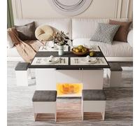 Table Basse Relevable Table Basse Extensible en Table à Manger de Salon Table de Salon Fonctionelle avec Plateau Relevable e LED Table Centrale Multifonctionnelle 4 en 1 avec 4 Tabourets e Rangement