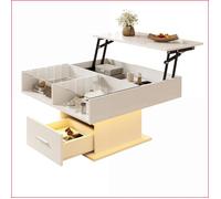 Table Basse Relevable - Table Basse LED avec Rangement &amp Hauteur Réglable, Design Moderne Blanc pour Salon &amp Petits Espaces