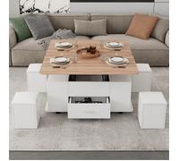Table Basse Relevable, Table de Canapé Mobile, 4 en 1 avec Tiroir et 4 Tabourets, Transformable en Table à Manger de Salon