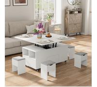 Table basse relevable transformable - 3 en 1 - 106x106x68 cm - Blanc - Levage hydraulique - Plateau extensible