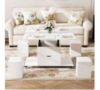 Table Basse Relevable-VOWNER -3 en 1 avec Tiroir et 4 Tabourets, Transformable en Table à Manger (Blanc)