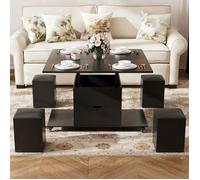 Table Basse Relevable -VOWNER - Table de Salon 3 en 1 avec Tiroir et 4 Tabourets, Transformable en Table à Manger (Noir)