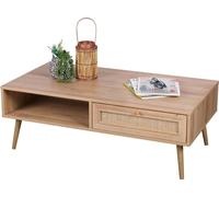 Table basse robuste de couleur chêne clair. Pieds en bois non traité, dimensions 59x39x110cm.