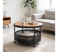 Table Basse Ronde 2 Niveaux à Roulettes, Bout de Canapé avec Panier | Table basse ronde 2 niveaux avec panier de rangement inférieur et cadre en fer forgé.