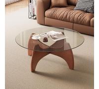Table Basse Ronde 80 Cm,Table de Salon Moderne en Verre Trempé et Bois Courbé,Pied Tripode Design,Table Élégante pour Canapé,Séjour et Bureau C