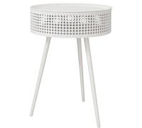 Table Basse Ronde avec Panier de Rangement, Table de Chevet en métal Imitation rotin, Petite Table d'appoint pour canapé, Chambre, Salon (Blanche)